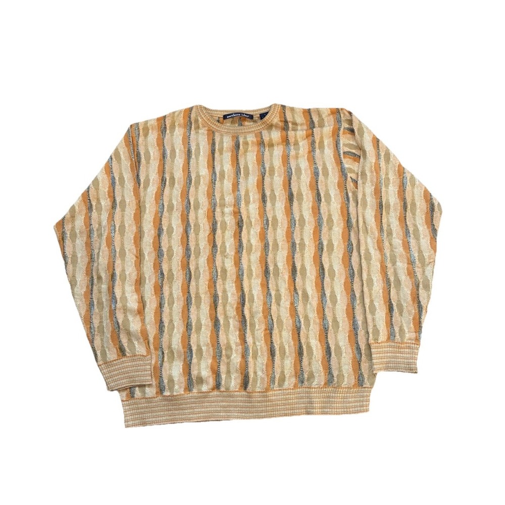 VTG Northern Isles Coogi Style Sweater Men's L Orange Grandpa Textured Fair Isle
